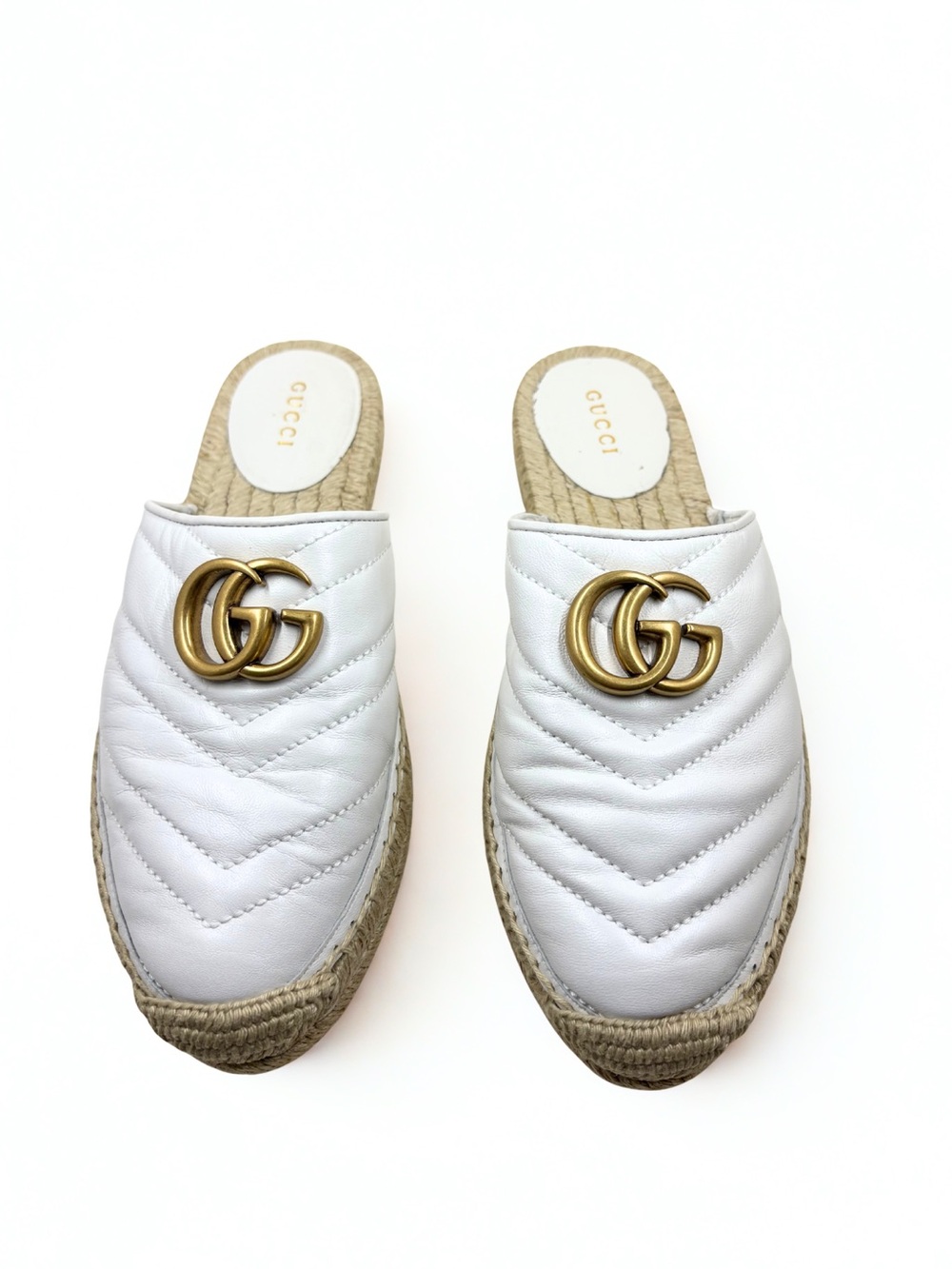 Gucci White Quilted Leather GG Espadrille Mules